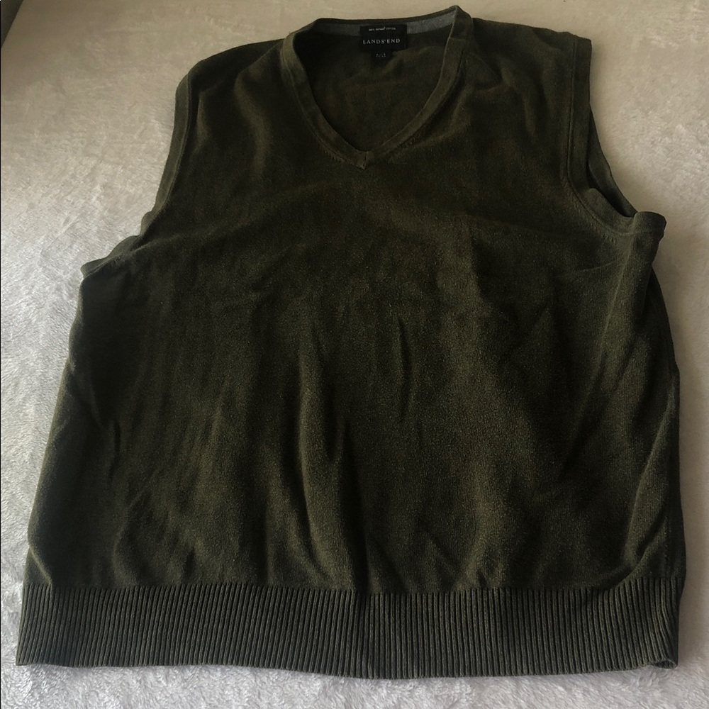 Lands' End Men's V-Neck Sweater Vest - Dark Green L/T 100% Pima Cotton